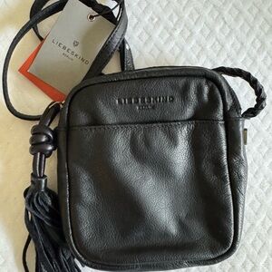 Liebeskind Black Leather Braided-Strap Belt Bag with Tassel